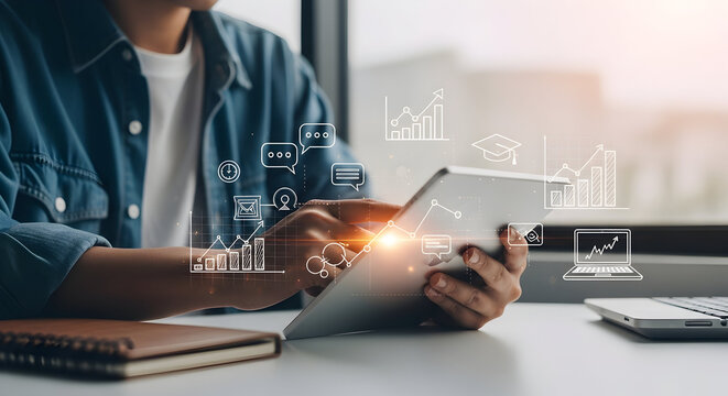 Engaged professional utilizing a digital tablet to analyze business data with augmented reality graphs financial progress insights and communication symbols enhancing the modern digital connectivity
