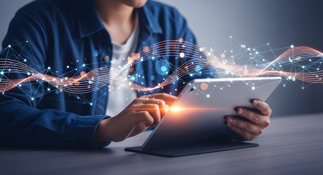 Digital transformation illustrated by a person using a tablet to interact with complex data network visualization representing connectivity progress and online collaboration in modern business