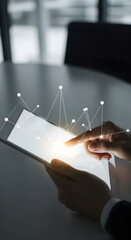 Enhance your projects with this captivating digital transformation showing finger interacting with data graph on tablet representing analytics and business intelligence technology in modern office