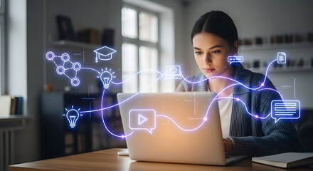 Focused woman working on laptop with digital learning and communication icons showcasing online education and virtual collaboration for business productivity and creative problem solving at desk in