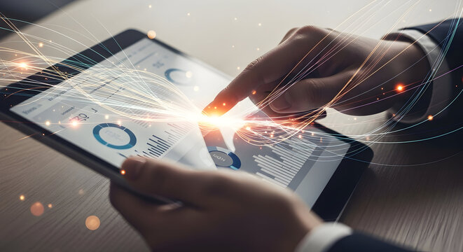 Modern business person analyzing financial data charts graphs with futuristic digital technology using a touch screen tablet device illustrating data driven decision making and innovation in the - Powered by Adobe