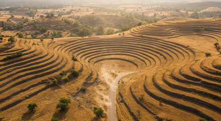 Naklejka premium Drone Shot of Mountain Road Through Stepped Traditional Asian Rice Terraces