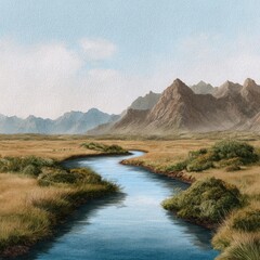 Winding blue river through dry grass plains and mountains