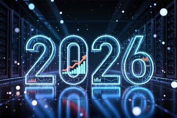 Futuristic glowing numbers 2026 in a digital server room with neon circuits and data growth charts. Concept for finance, innovation, and business development in technology sector. - Powered by Adobe