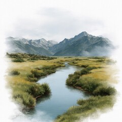 Winding river through grassy valley towards misty mountains