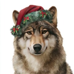Wolf wearing Christmas wreath and Santa hat animal