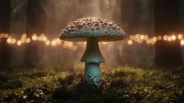 A unique mushroom illuminated by sunlight in a tranquil woodland setting