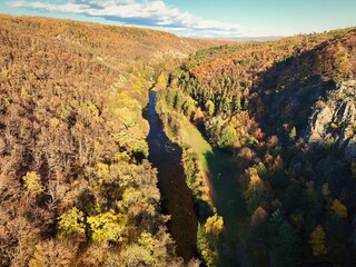 Autumn landscape with river and setting sun. Concept for nature and autumn time. Jihlava river - Czech Republic