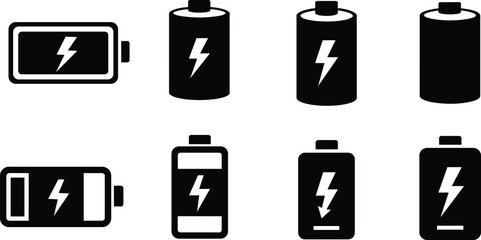 Battery icon set with lightning bolt symbol, energy power concept, electric charge level, modern technology illustration, vector black design