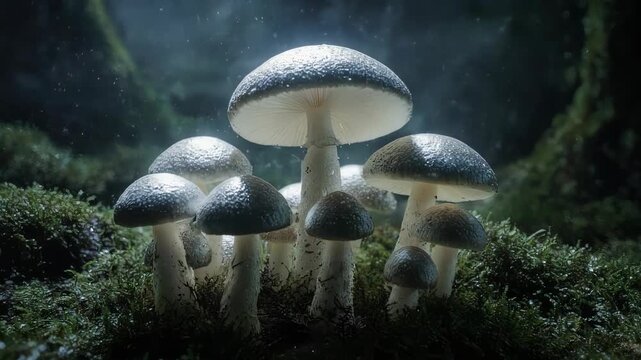 A group of mushrooms growing in a forest habitat 