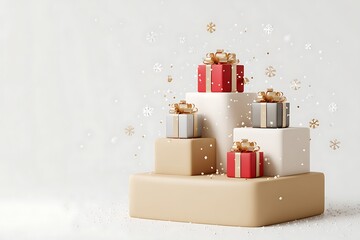 Gift boxes on podium isolated on white background, christmas and new year concept