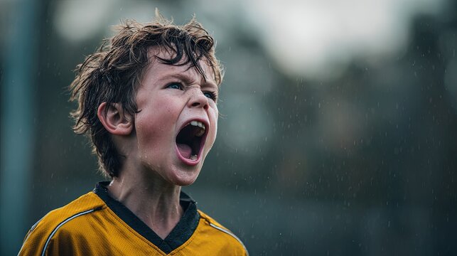 Roaring Victory: A young soccer player exults in raw emotion, mouth wide open in a victorious scream, head tilted back in jubilant expression. 