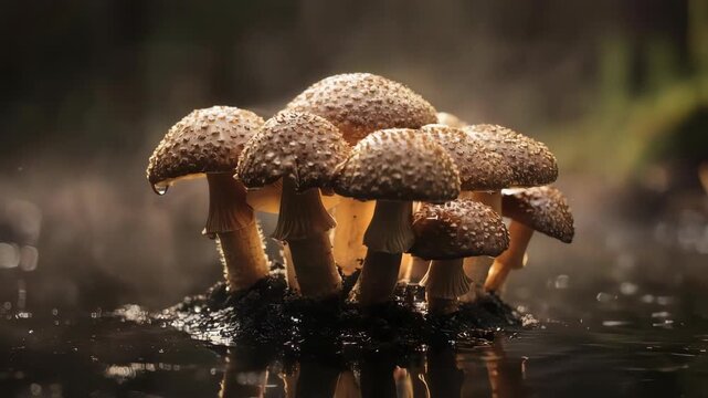 Close-up shot of a cluster of mushrooms emerging from the ground, a captivating natural scene. 