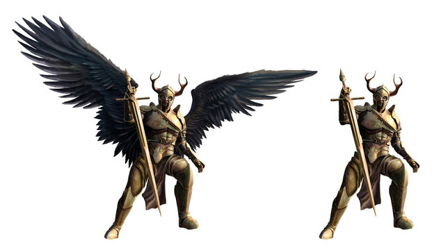 An angel with big dark wings in golden armor plunges a sword into the ground. A fantasy character is a knight of light with glowing eyes wearing a helmet with full&mdash;length horns without a background.