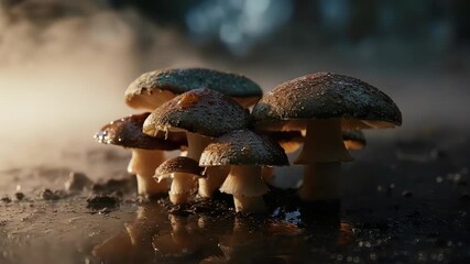 Group of mushrooms in the foggy forest with light