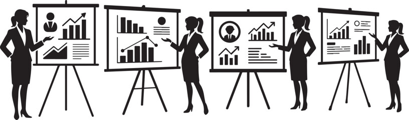 Silhouettes of women presenting charts and graphs on presentation boards