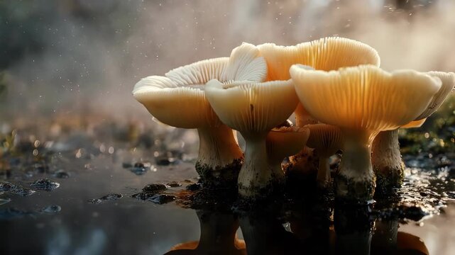 Mushrooms illuminated, creating an ethereal glow against the backdrop of an atmospheric landscape. 