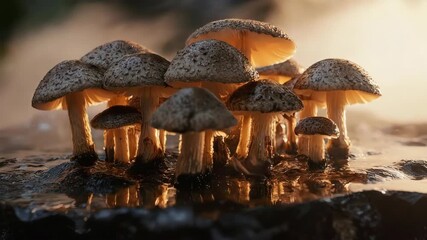 Mushrooms illuminated by the setting sun, creating a magical forest scene 
