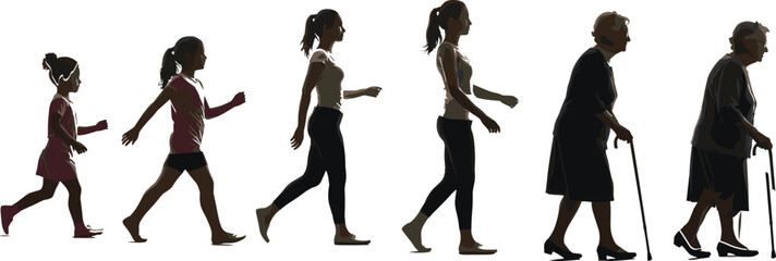 Silhouette of Female Life Stages from Childhood to Old Age Walking Forward Symbolizing Aging, Growth, Time, and Human Development