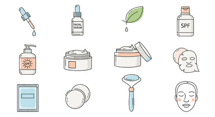 Set of flat line icons representing skincare and beauty products, including serum dropper, facial serum bottle, SPF lotion, face cream jars, sheet mask, cotton pads, jade roller, and a woman's face
