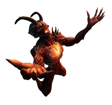 A fallen angel with horns on his head and fire in his chest is on his knees with his arms raised. A dark fantasy character, a scary, fiery demon with an open mouth in full growth, without a background