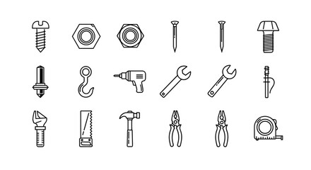 Collection of line icons representing various construction and repair tools, including screws, nuts, bolts, nails, a drill, wrenches, a saw, a hammer, pliers, a hook, and a measuring tape, all