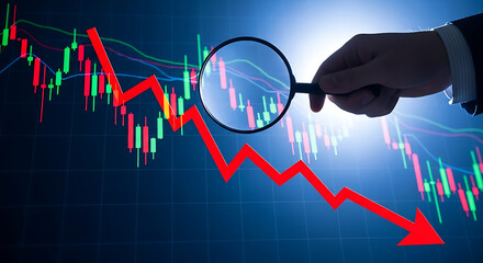 Magnifying glass analyzing a stock market chart with a downward trend, indicating financial loss and economic downturn