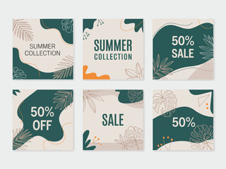 This set of six stylish promotional banners with contemporary designs highlights a summer collection sale, incorporating dynamic lines and vibrant colors to attract attention.