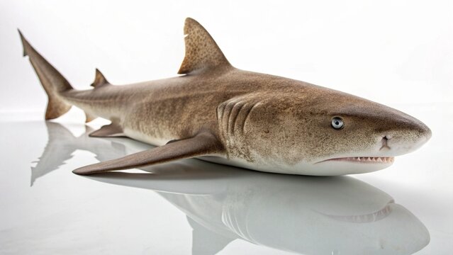 Photorealistic studio portrait of a Nurse Shark (Ginglymostoma cirratum) with distinctive barbels, isolated on white.