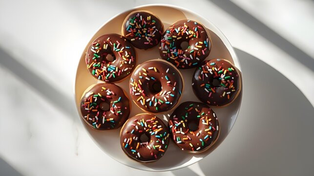 Delicious baked chocolate donuts with icing sugar and candy sprinkles isolated on a white plate alongside chocolate Easter eggs for a sweet breakfast dessert