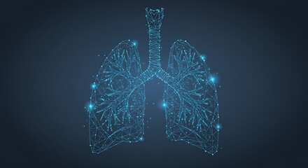 Conceptual depiction of human lungs, formed of interconnected glowing particles on dark blue backdrop