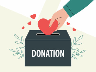 A heart-shaped donation being placed into a donation box, symbolizing generosity and compassion, surrounded by tender hearts and green foliage to inspire giving.
