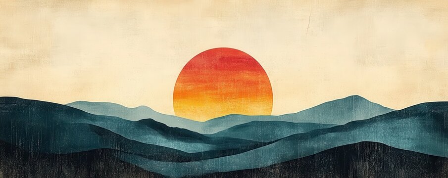 Vintage poster art featuring a serene landscape with simple shapes and calming colors