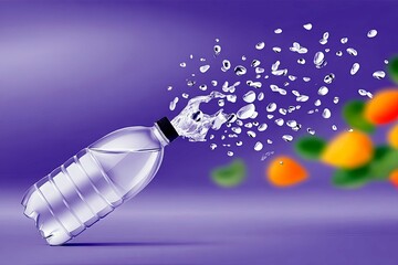 A clear plastic bottle of water is shown with a splash erupting from its opening, creating numerous water droplets that scatter into the air.