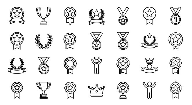 Award icon set, champion symbol, silhouette style, ordered line icons on white background, collection of victory and achievement symbols, including trophies, medals, stars, laurel wreaths, and