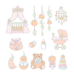 Pastel Pumpkin Baby Clipart Set. Cute Newborn Core Autumn Nursery Illustrations with Crib, Toys, and Stroller in Soft Colours 