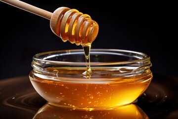 Golden Honey Drizzle on Wooden Dipper in Glass Jar