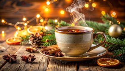 escena navide&ntilde;a hiperrealista y acogedora, centrada en una taza de t&eacute; humeante con especias de invierno.