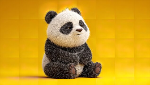 Adorable fluffy panda bear cub sitting pensively against vibrant yellow backdrop, perfect for children's designs and heartwarming animal themes