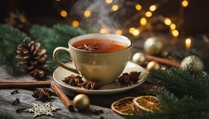 escena navide&ntilde;a hiperrealista y acogedora, centrada en una taza de t&eacute; humeante con especias de invierno.