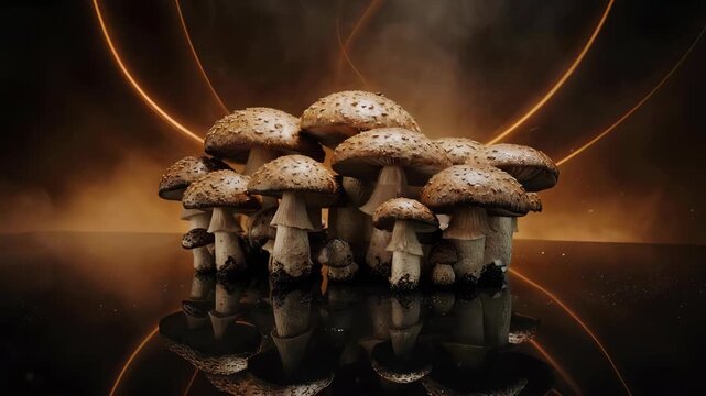 Mushrooms in spotlight with elegant orange curves reflecting below