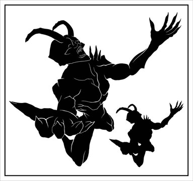 The silhouette of a fallen angel, a demon with horns on his head kneels with his arms raised. A dark fantasy character, a scary monster with an open mouth in full growth, without a background.