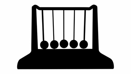 Illustration of a newton's cradle with five balls hanging from strings in a black silhouette style