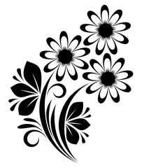 Black and white floral ornament with flowers, swirls, and leaves.