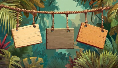 Inspire adventure with these three blank wooden jungle signs ready for your custom text and tropical foliage backdrop