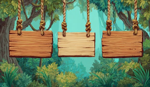 Three rustic wooden signs hang from sturdy ropes in a lush, vibrant jungle canopy, inviting exploration and discovery