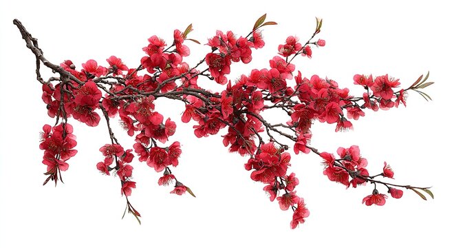 Vibrant red cherry blossoms cascade on a delicate branch, evoking spring's renewal and natural beauty for your design projects