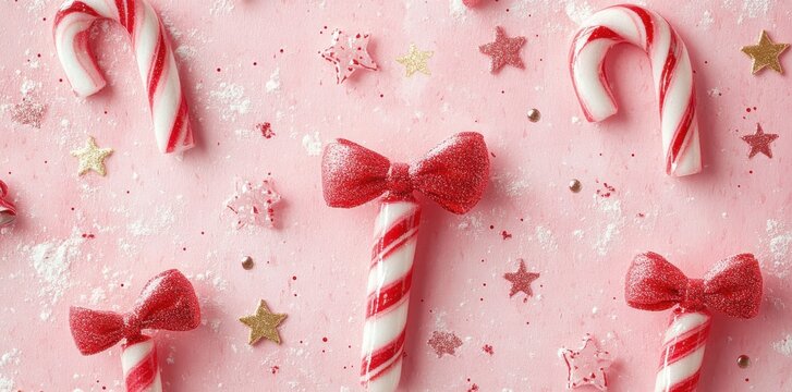 Festive candy cane arrangement with red bows and shimmering stars on a pink background, evoking holiday cheer and a sweet Christmas ambiance.