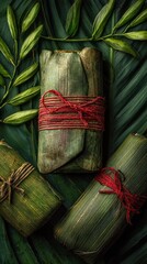 Nacatamal wrapped on banana leaf green background, dish from Nicaragua, minimalist food photo, template for social media, digital ads, web banners, mobile wallpapers, greeting card