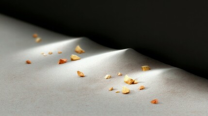 Small, irregular pieces of food are scattered across a textured, light-colored surface with soft, undulating mounds and dark shadows.